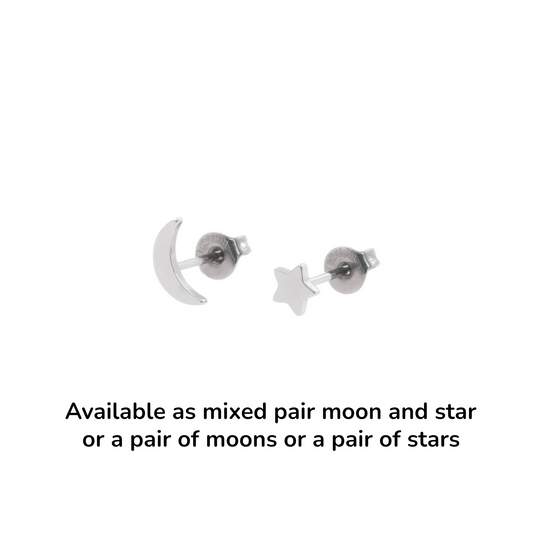 Moon & Star Studs. Titanium Studs with titanium backs. These studs shown on a white background.