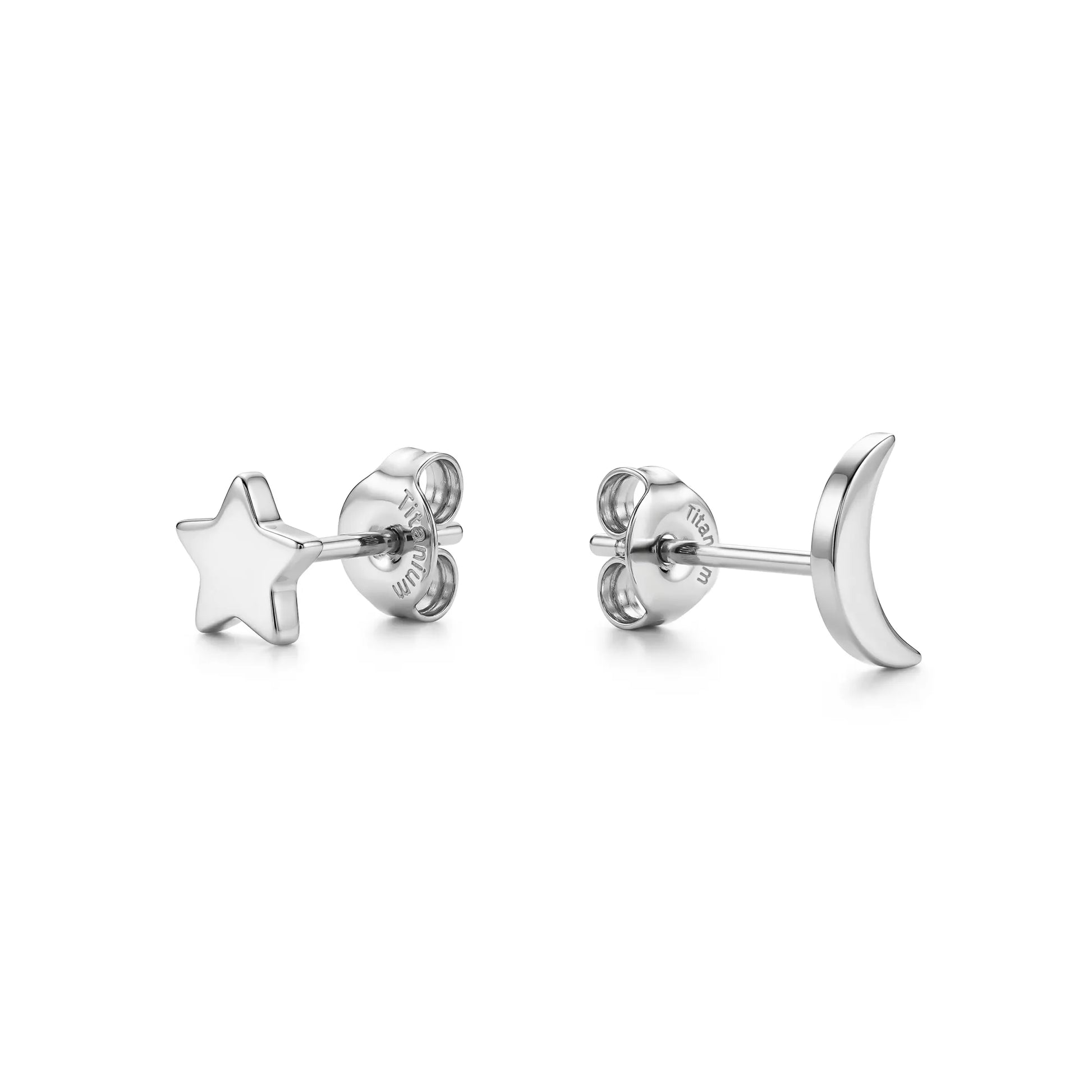 Moon & Star Studs. Titanium Studs with titanium backs shown on a white background