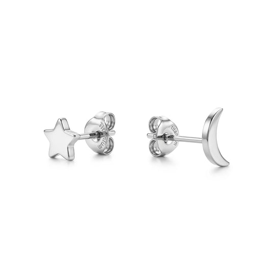 Moon & Star Studs. Titanium Studs with titanium backs shown on a white background