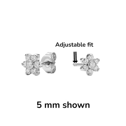 Pair of 5 mm titanium earrings with adjustable fit feature on a white background