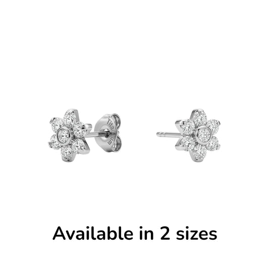 Flower ear studs with Gems available in 2 sizes Titanium  shown on a white background