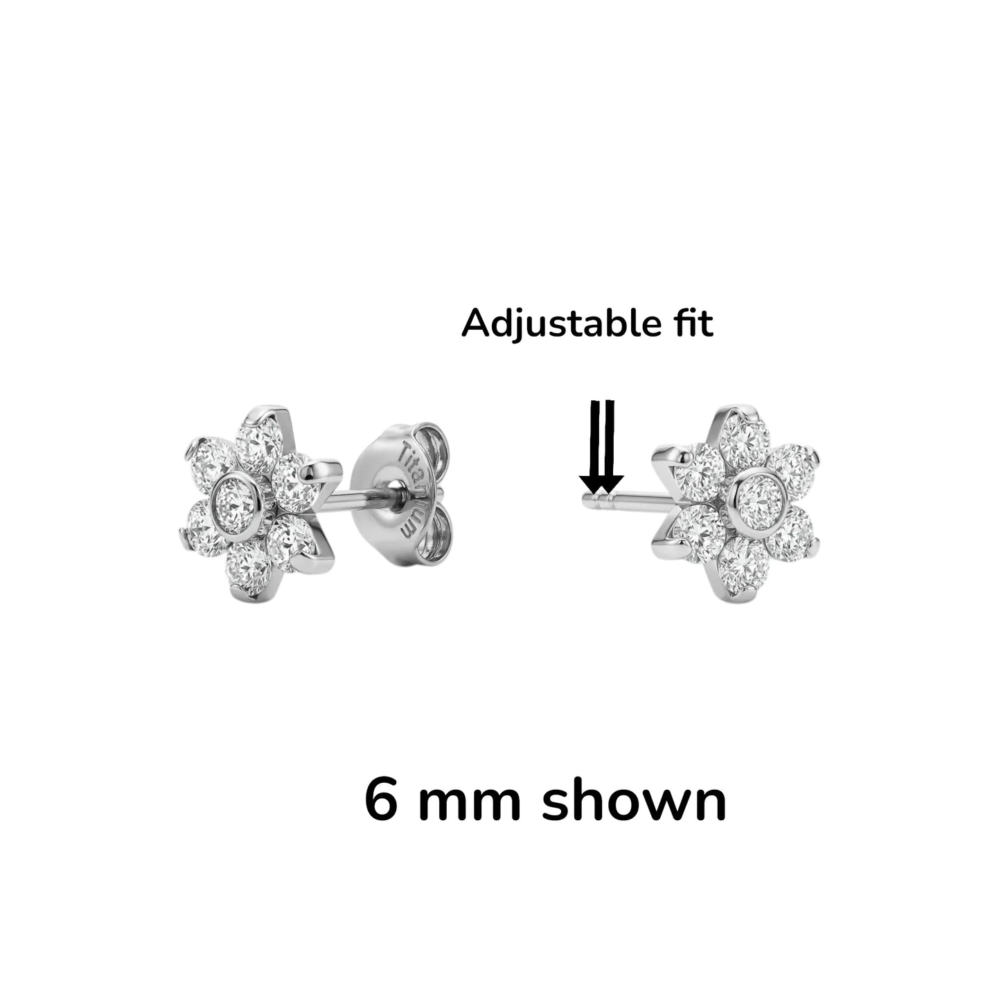 Pair of 6 mm titanium earrings with adjustable fit feature on a white background