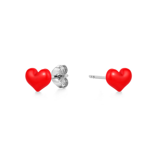 A red heart stud earring with a adjustable titanium post, shown on a background white.
