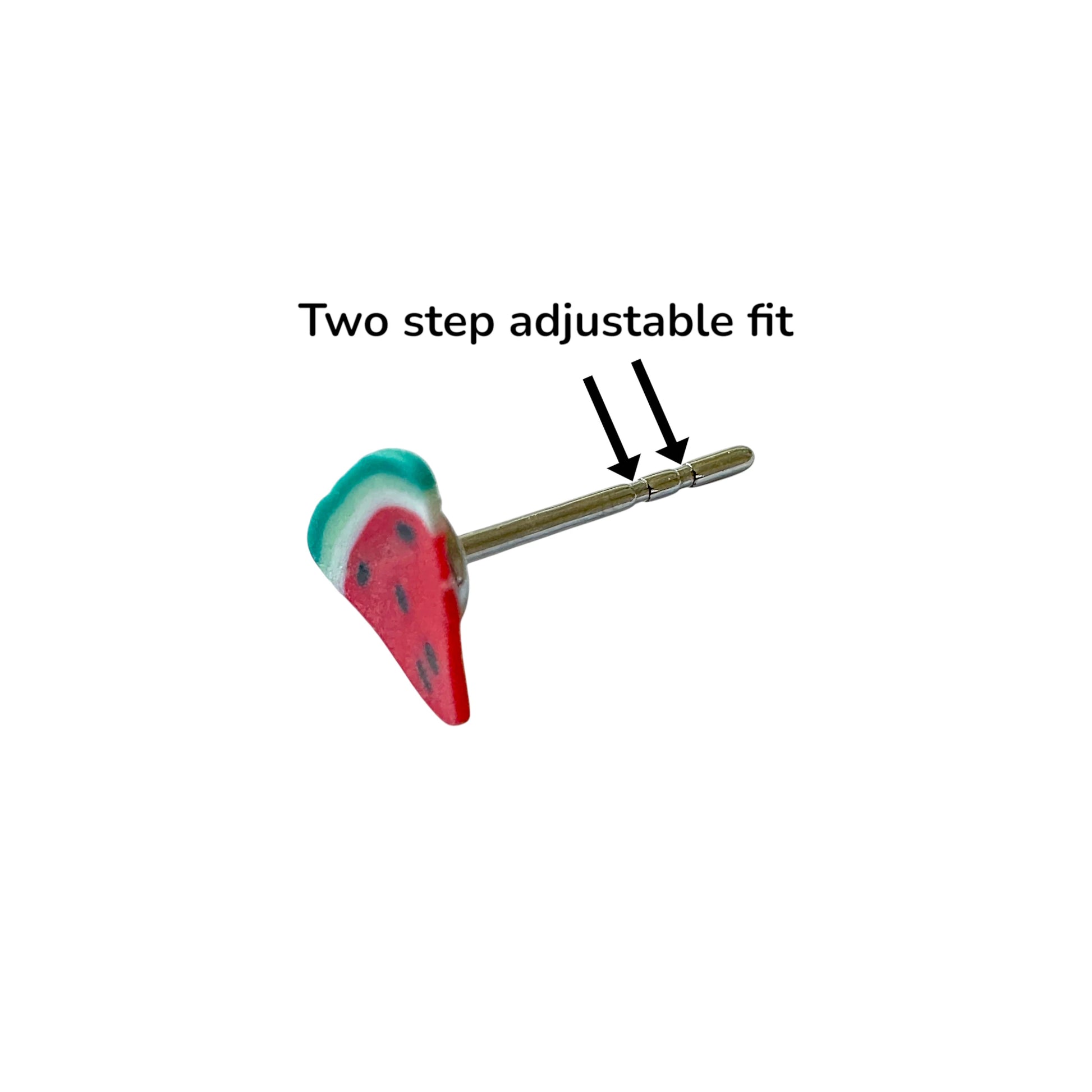 Watermelon-themed stud earrings with red and green details and titanium post with two step adjustable fit' and arrows pointing to the titanium adjustment section.