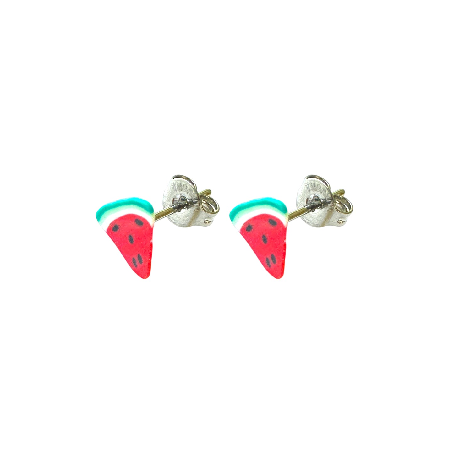 A pair of watermelon-themed stud earrings with red and green details and titanium post and backs, shown on a plain white background.