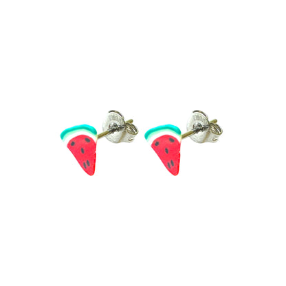 A pair of watermelon-themed stud earrings with red and green details and titanium post and backs, shown on a plain white background.