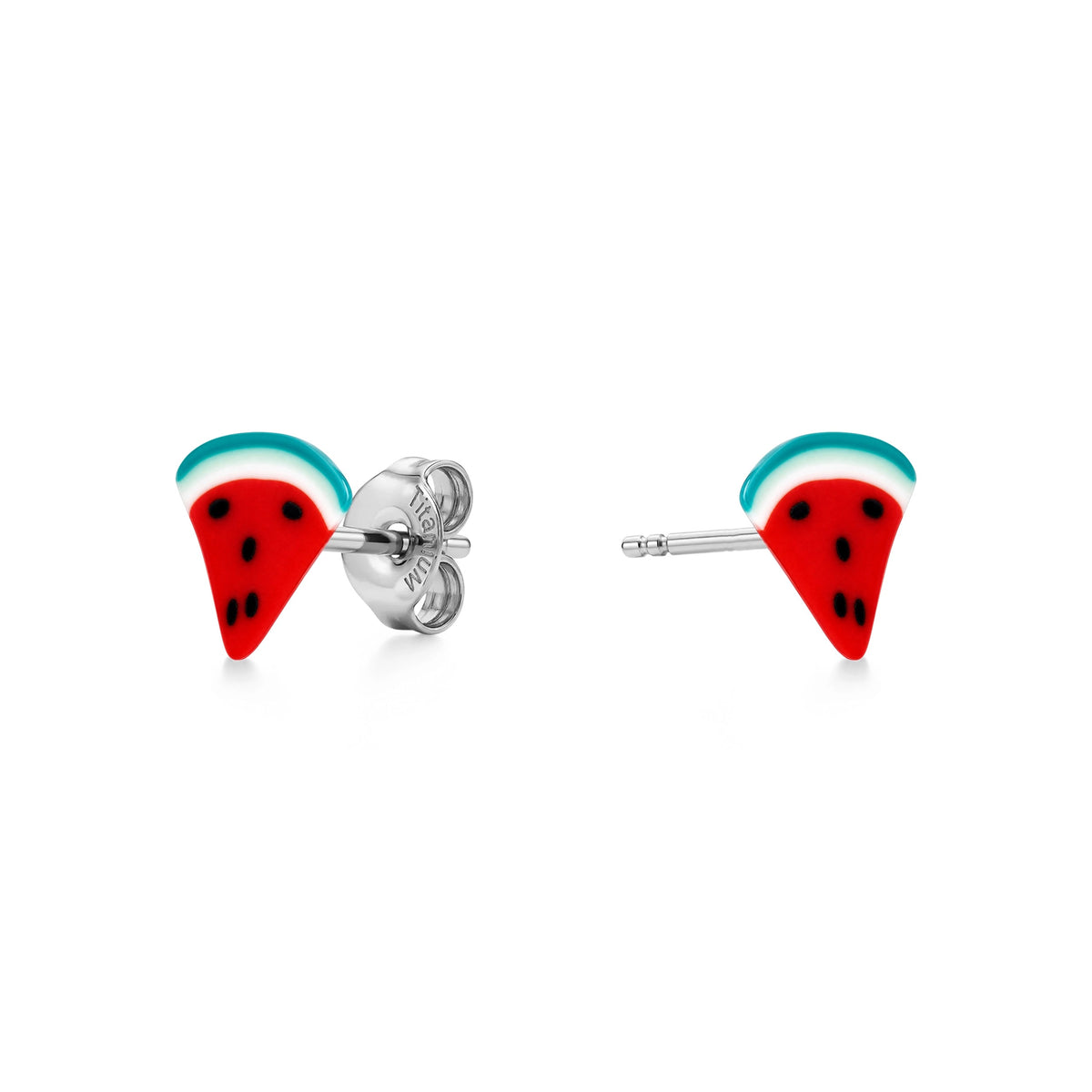 A pair of watermelon-themed stud earrings with red and green details and titanium post and backs, shown on a plain white background.