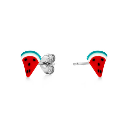 A pair of watermelon-themed stud earrings with red and green details and titanium post and backs, shown on a plain white background.
