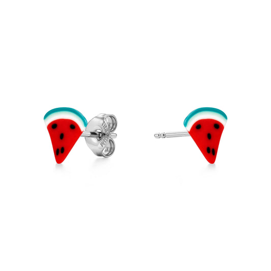 A pair of watermelon-themed stud earrings with red and green details and titanium post and backs, shown on a plain white background.