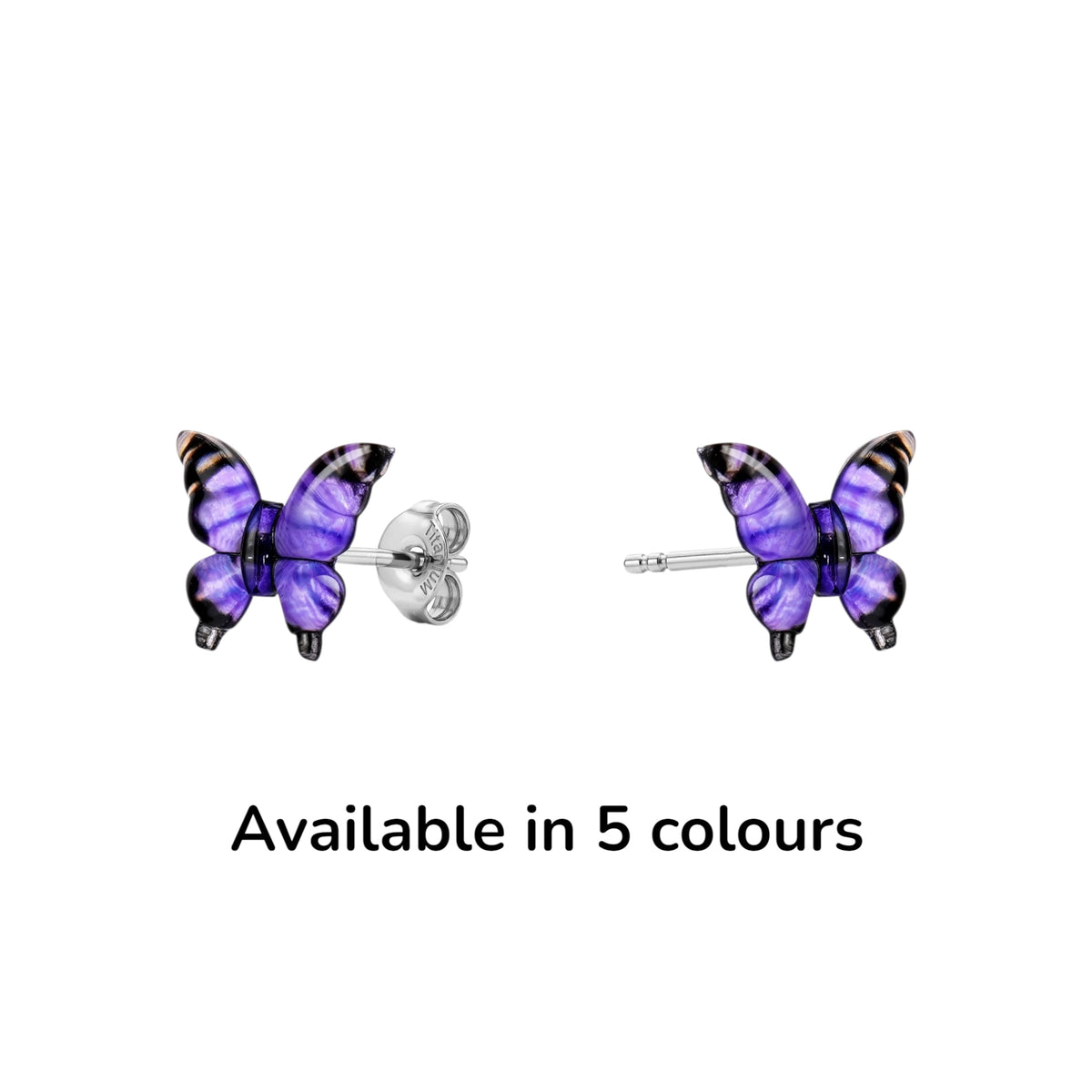 Small butterfly-shaped titanium stud earrings in shades of purple availaable in 5 colours.