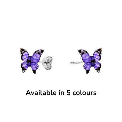 Small butterfly-shaped titanium stud earrings in shades of purple availaable in 5 colours.