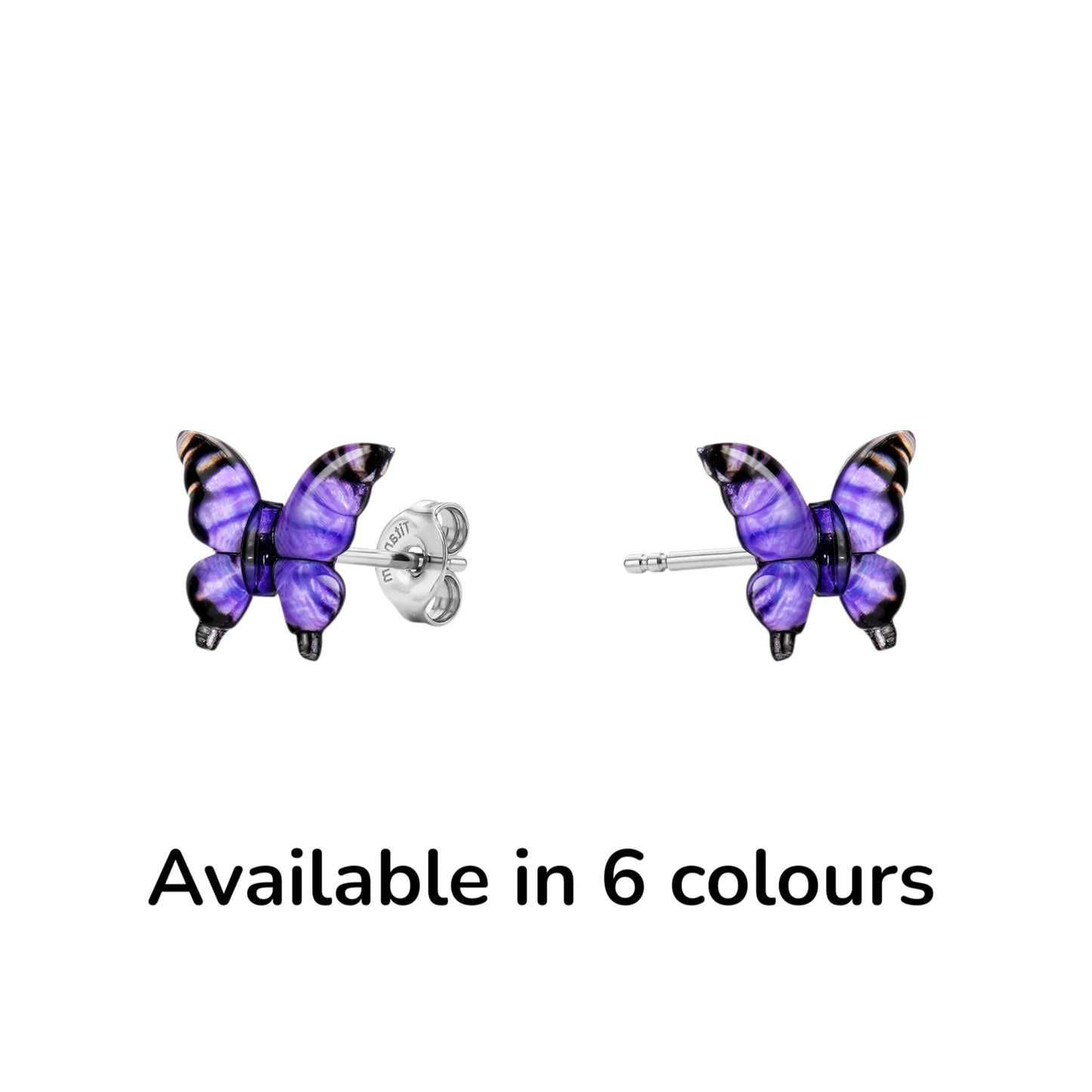 Small butterfly-shaped titanium stud earrings in shades of purple availaable in 6 colours.