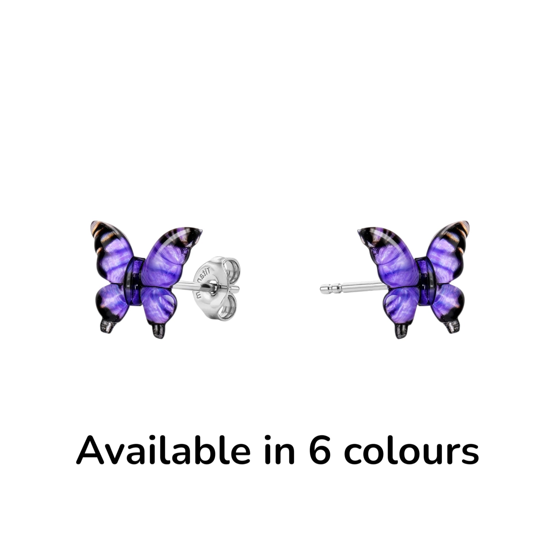 Small butterfly-shaped titanium stud earrings in shades of purple availaable in 6 colours.