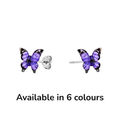 Small butterfly-shaped titanium stud earrings in shades of purple availaable in 6 colours.