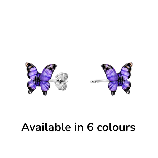 Small butterfly-shaped titanium stud earrings in shades of purple availaable in 6 colours.