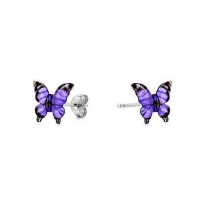 Small butterfly-shaped titanium stud earrings in shades of purple