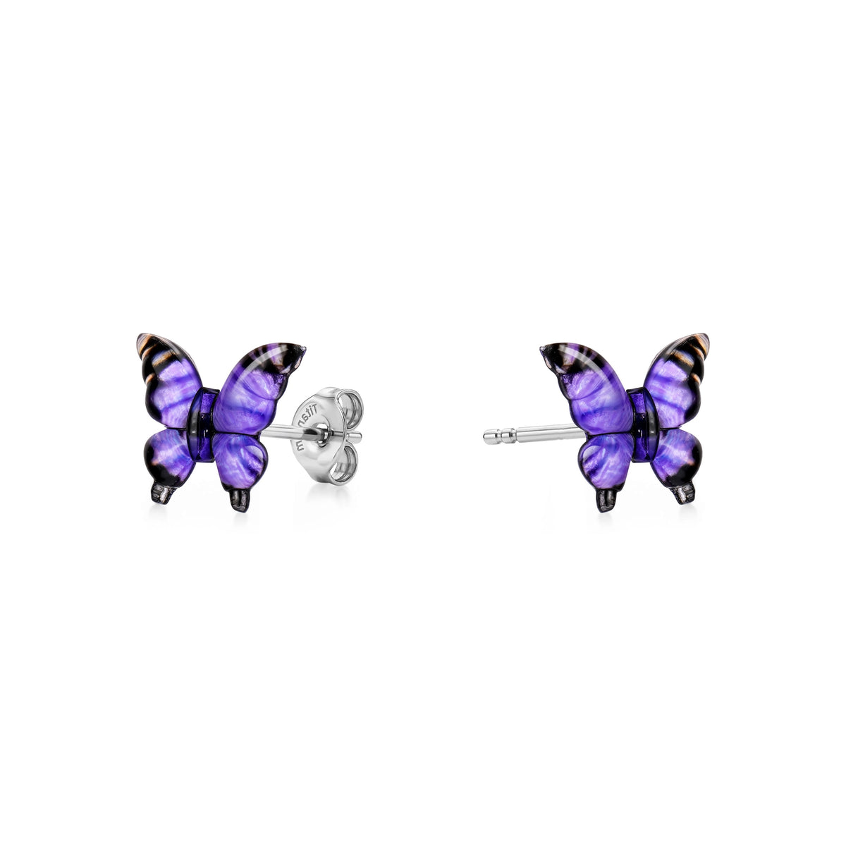 Small butterfly-shaped titanium stud earrings in shades of purple