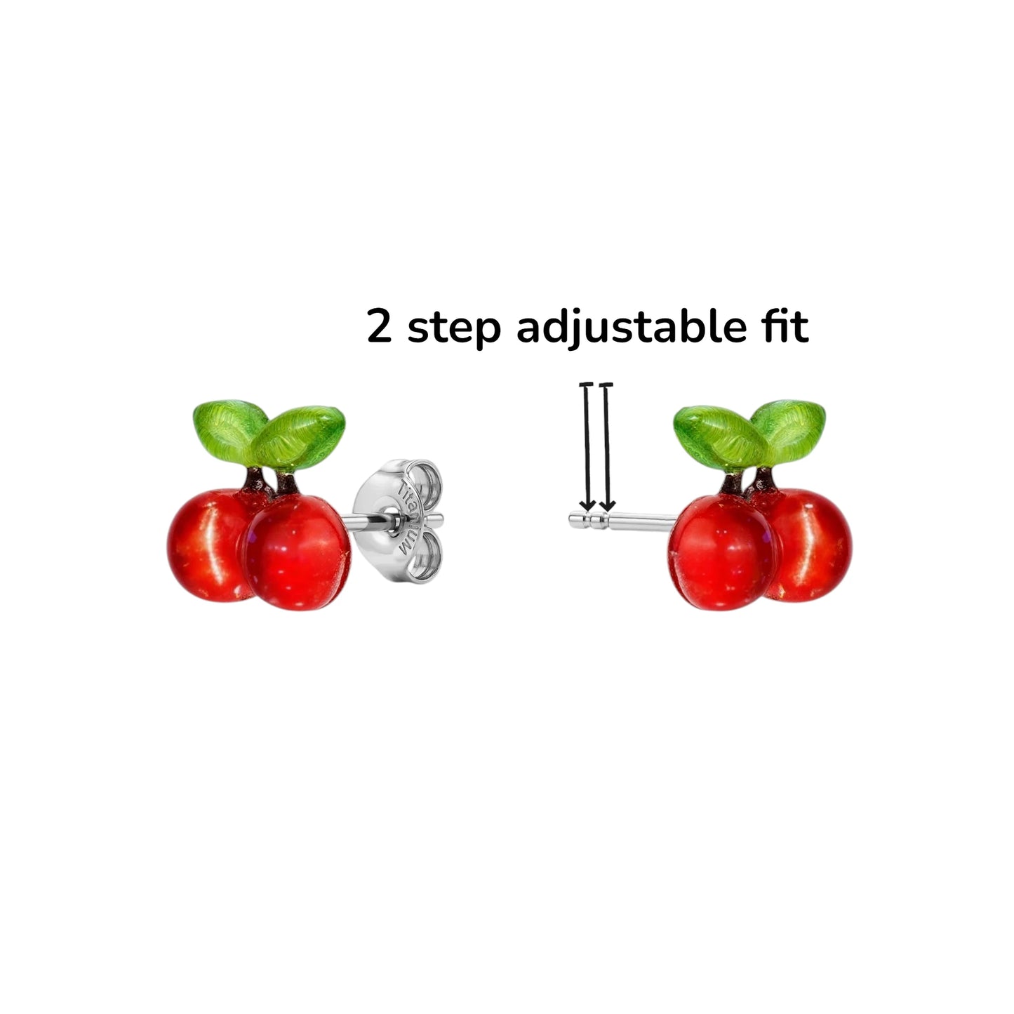 Two red cherry titanium stud earrings with green leaves are shown on a white background, with text reading '2 step adjustable fit' and a simple diagram of the adjustable post on the right.