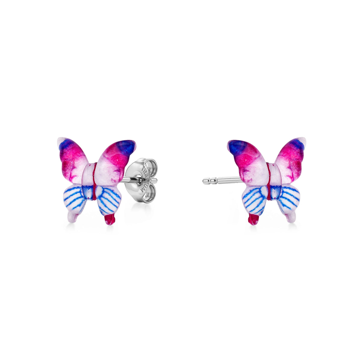 Small butterfly-shaped titanium stud earrings in shades of blue and pink. 