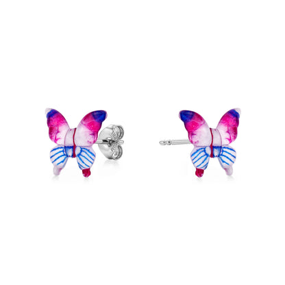 Small butterfly-shaped titanium stud earrings in shades of blue and pink. 