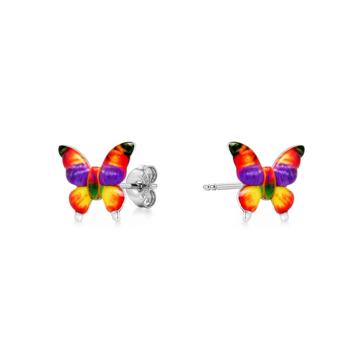 A pair of butterfly titanium stud earrings with vibrant multicolor enamel wings in red, orange, yellow, green, purple, and black, set on silver posts against a white background.
