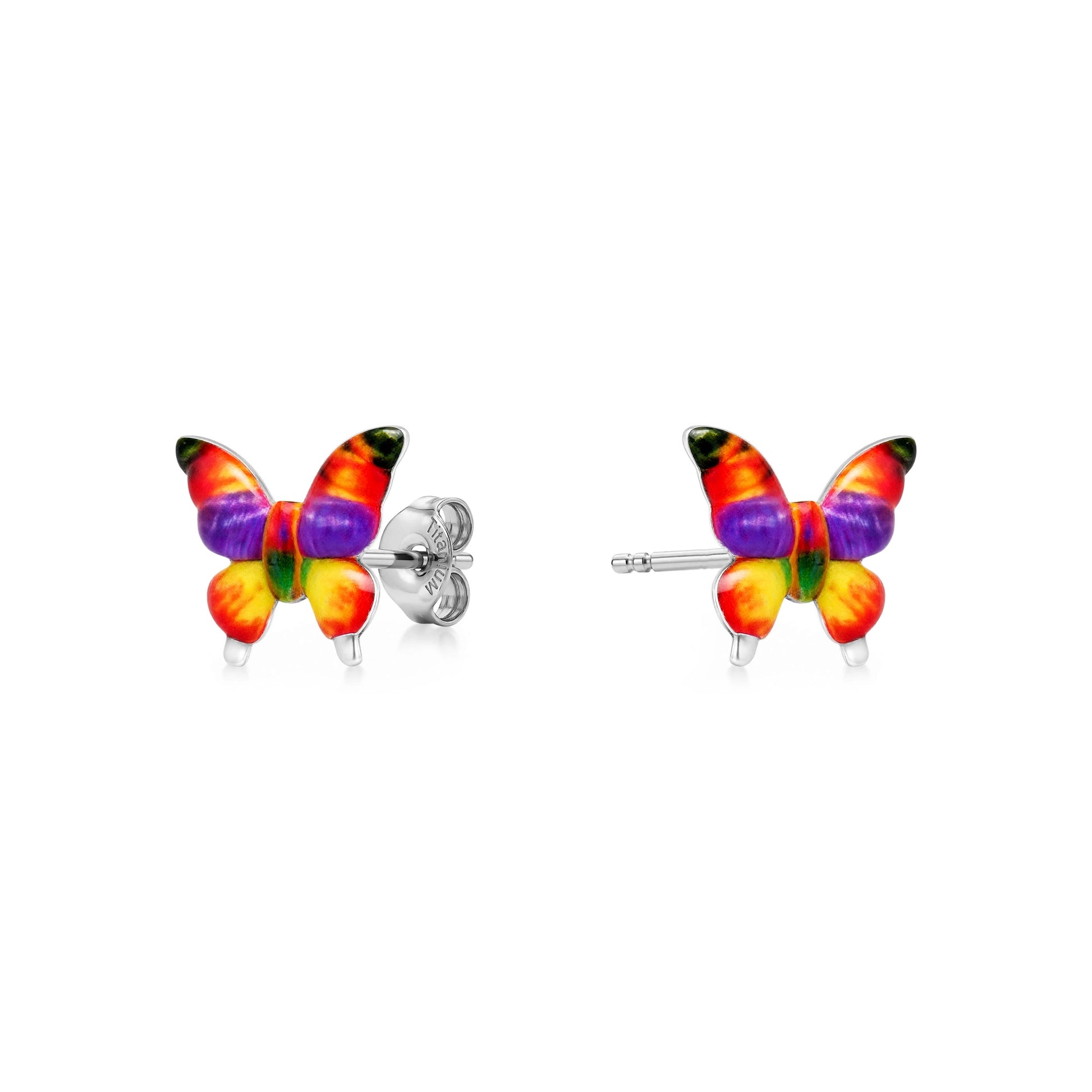 A pair of butterfly titanium stud earrings with vibrant multicolor enamel wings in red, orange, yellow, green, purple, and black, set on silver posts against a white background.