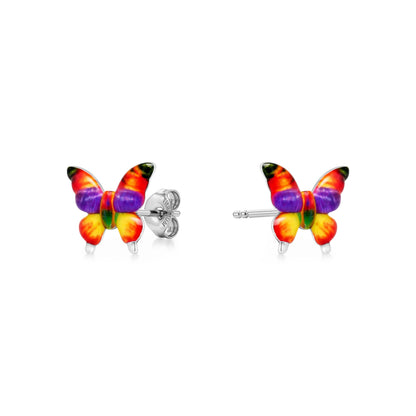 A pair of butterfly titanium stud earrings with vibrant multicolor enamel wings in red, orange, yellow, green, purple, and black, set on silver posts against a white background.