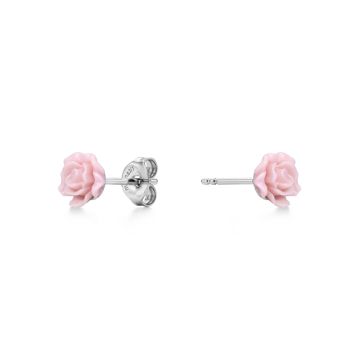 A pair of titanium stud earrings featuring light pink rose-shaped enamel tops, shown on a clean white background with one earring facing forward and the other showing the backing.