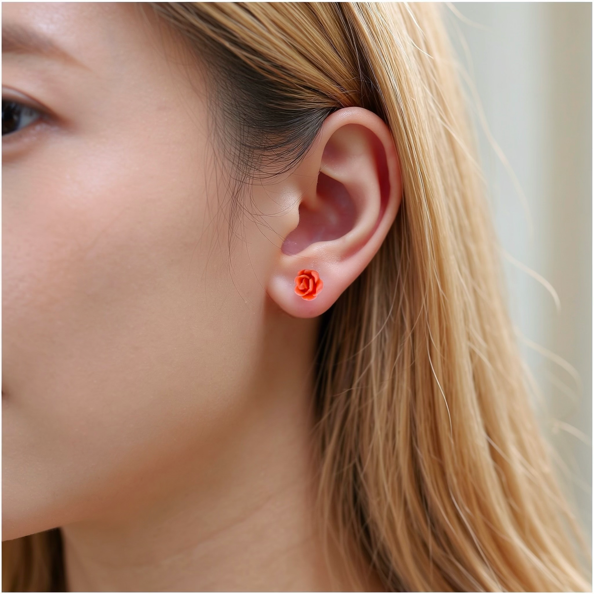 A close-up of a womans ear wearing a small pastel beige rose-shaped titanium stud earring.