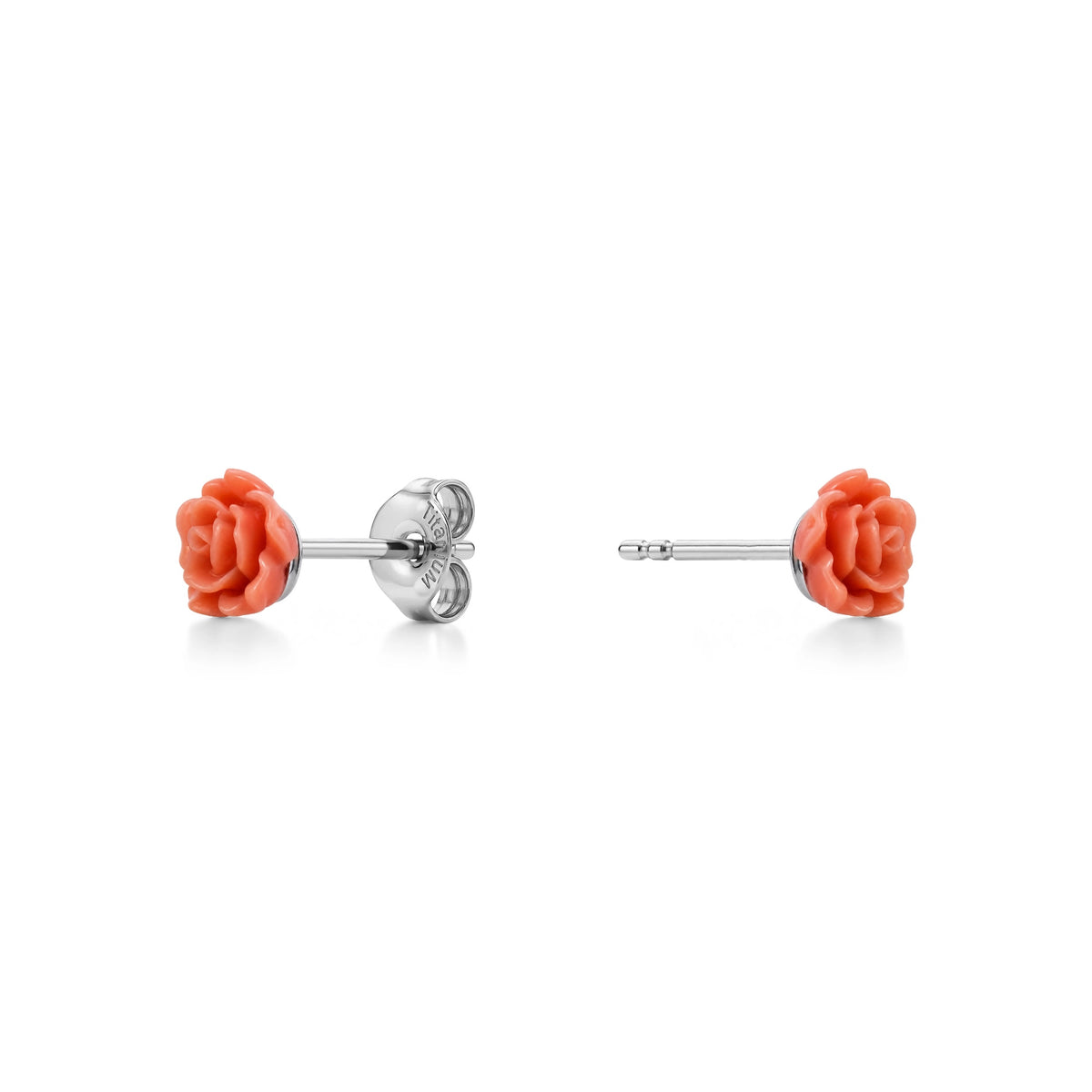 A pair of titanium stud earrings featuring beige rose-shaped enamel tops, shown on a clean white background with one earring facing forward and the other showing the backing.