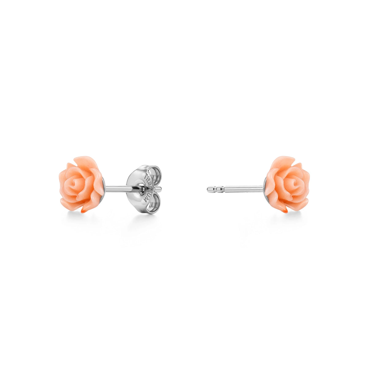 A pair of titanium stud earrings featuring pastel rose-shaped enamel tops, shown on a clean white background with one earring facing forward and the other showing the backing.