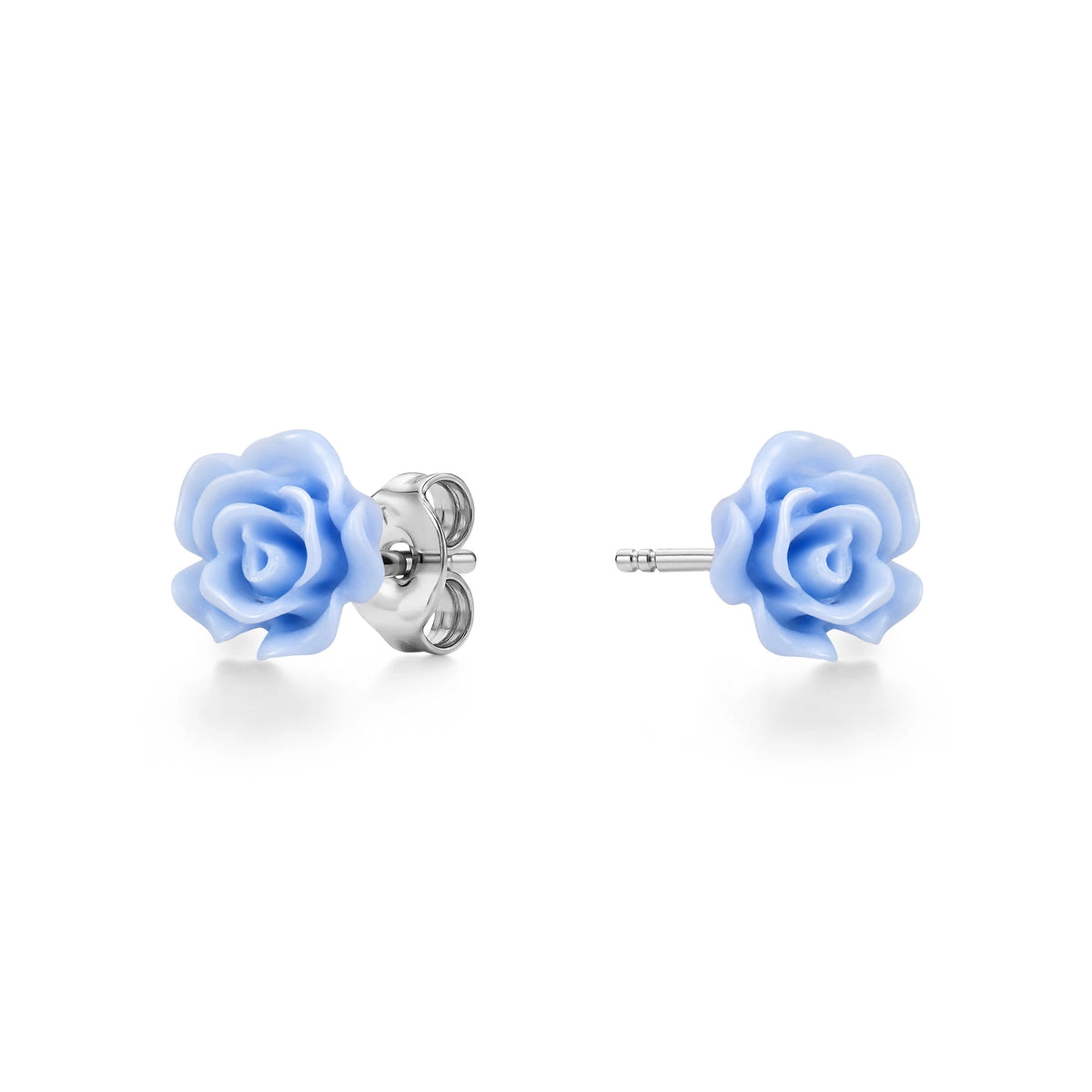 A pair of titanium stud earrings featuring pastel blue rose-shaped enamel tops, shown on a clean white background with one earring facing forward and the other showing the backing.
