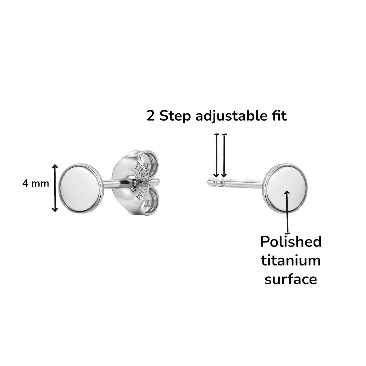 Titanium stud earring shown on a white background with callout text indicating a 4 mm diameter, 2 step adjustable fit, and a polished titanium surface.