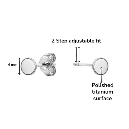 Titanium stud earring shown on a white background with callout text indicating a 4 mm diameter, 2 step adjustable fit, and a polished titanium surface.