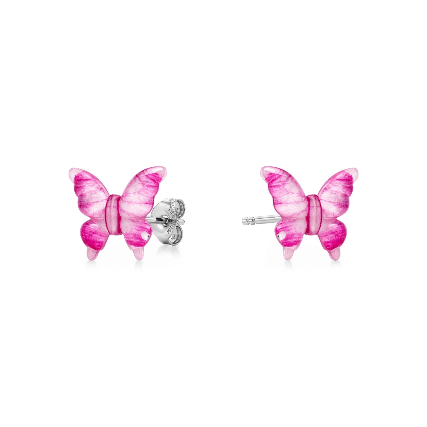 Small butterfly-shaped titanium stud earrings in shad of pinkish. 