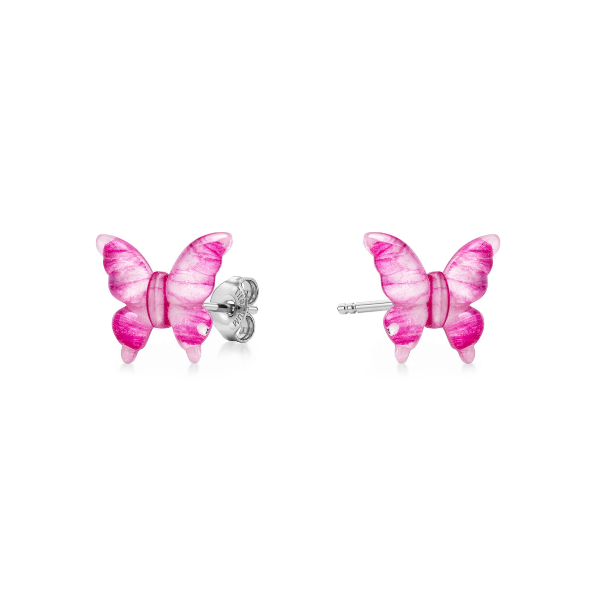 Small butterfly-shaped titanium stud earrings in shad of pinkish. 