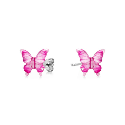 Small butterfly-shaped titanium stud earrings in shad of pinkish. 