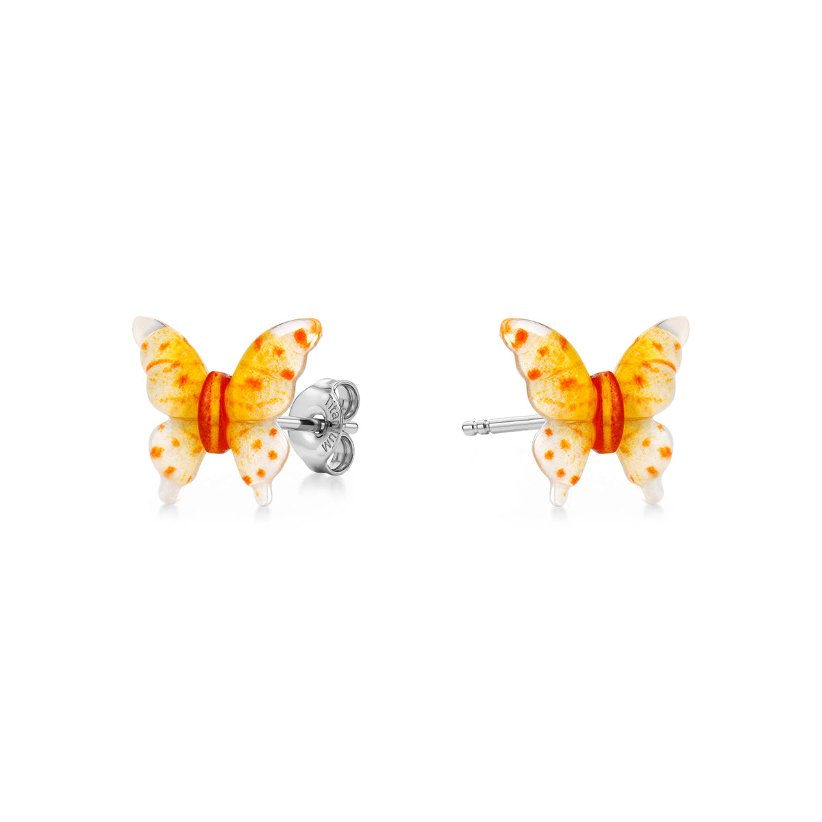 Small butterfly-shaped titanium stud earrings in shades of orange and yellow. 