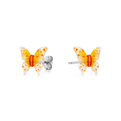 Small butterfly-shaped titanium stud earrings in shades of orange and yellow. 