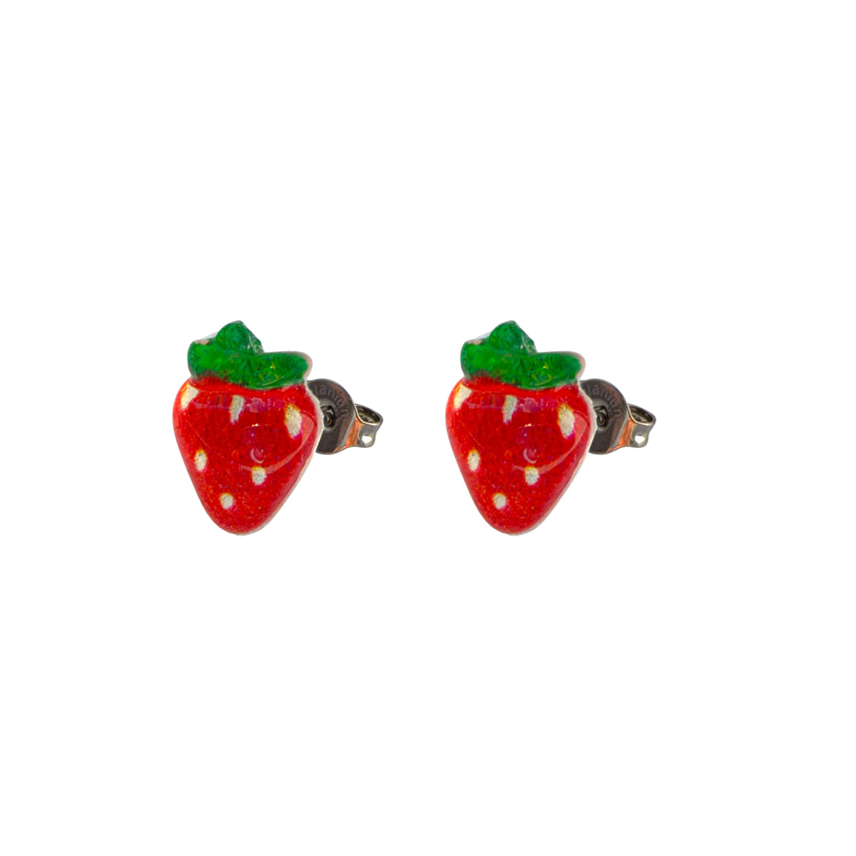 Small strawberry-shaped titanium stud earrings in shades of red and green on a white background.