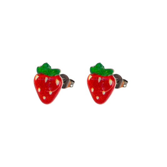 Small strawberry-shaped titanium stud earrings in shades of red and green on a white background.