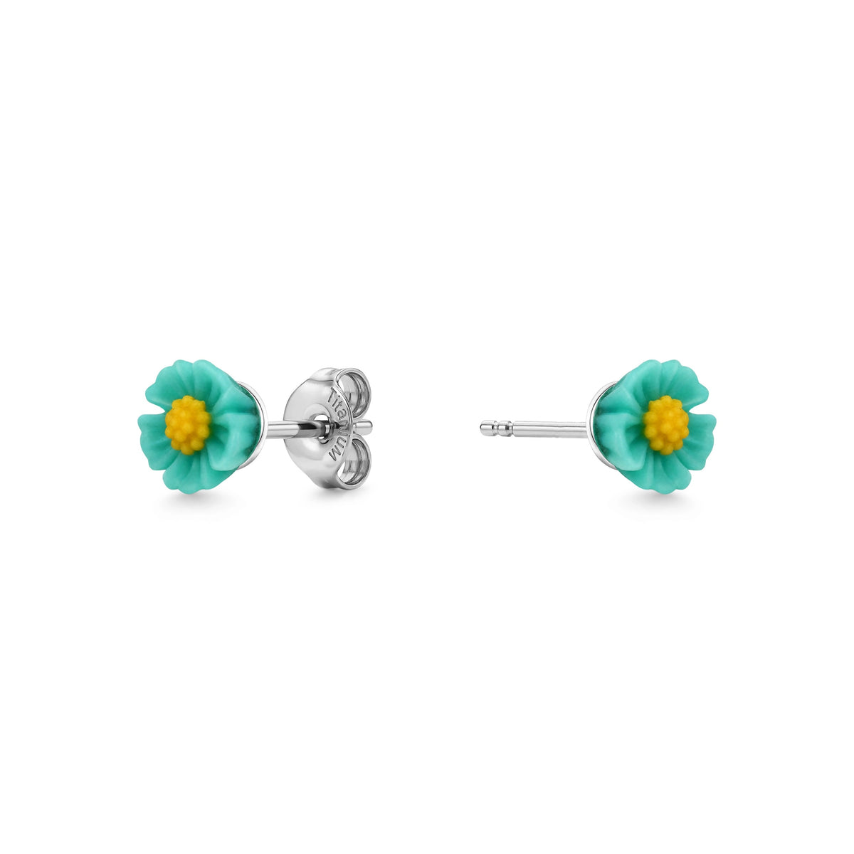 A pair of titanium stud earrings featuring bright blue and yellow marigold-shaped enamel tops, shown on a clean white background with one earring facing forward and the other showing the backing.