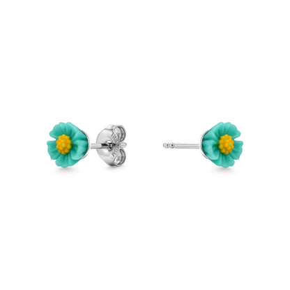 A pair of titanium stud earrings featuring bright blue and yellow marigold-shaped enamel tops, shown on a clean white background with one earring facing forward and the other showing the backing.
