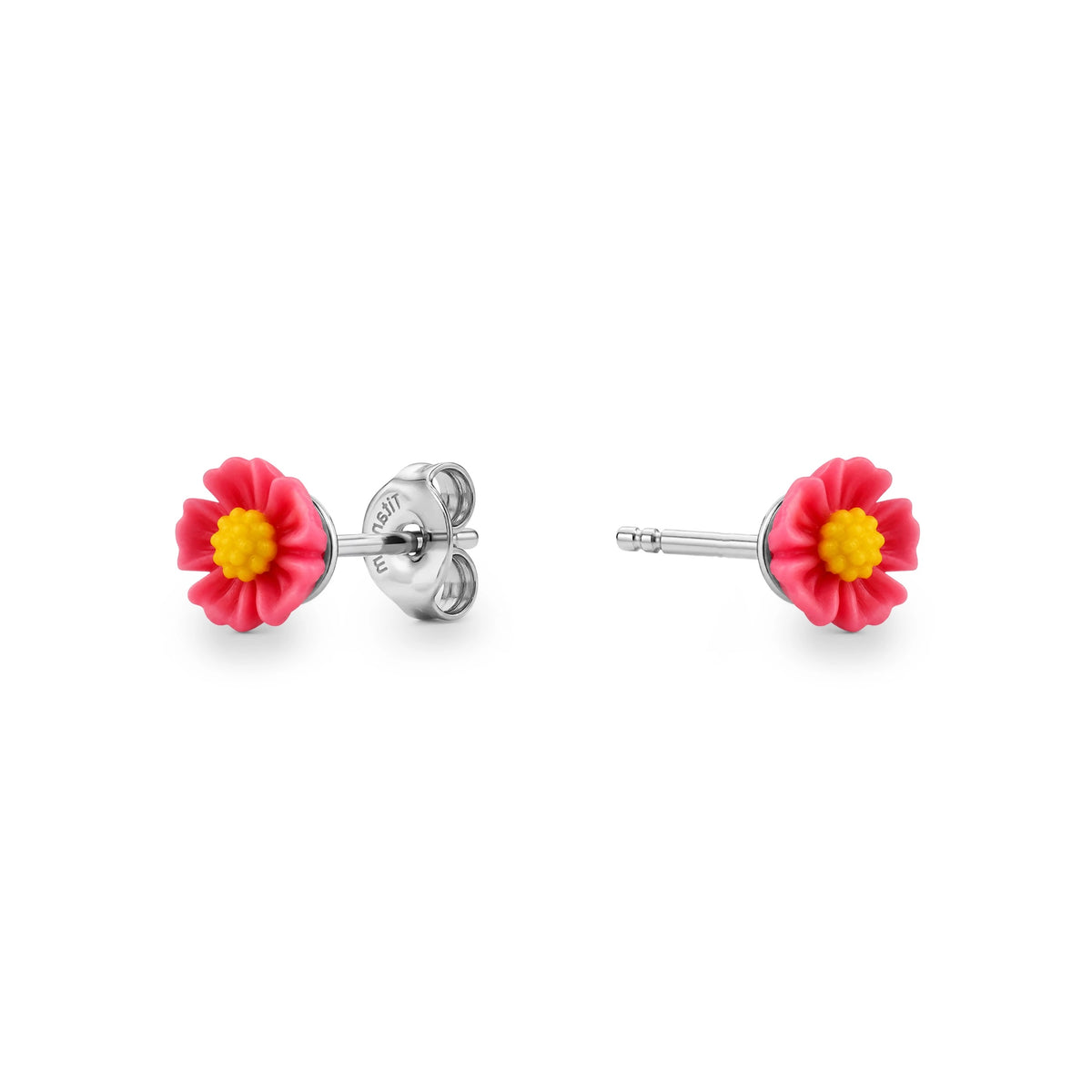 A pair of titanium stud earrings featuring small pastel pink daisy flowers with bright yellow centers, shown on a clean white background.