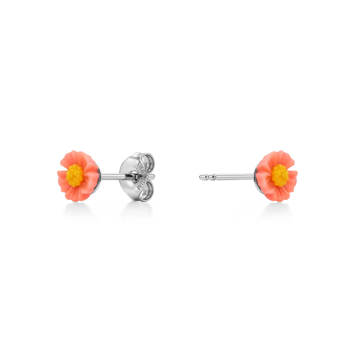 A pair of titanium stud earrings featuring small coral-pink flowers with bright yellow centers, shown on a clean white background with one earring facing forward and the other showing the back clasp.