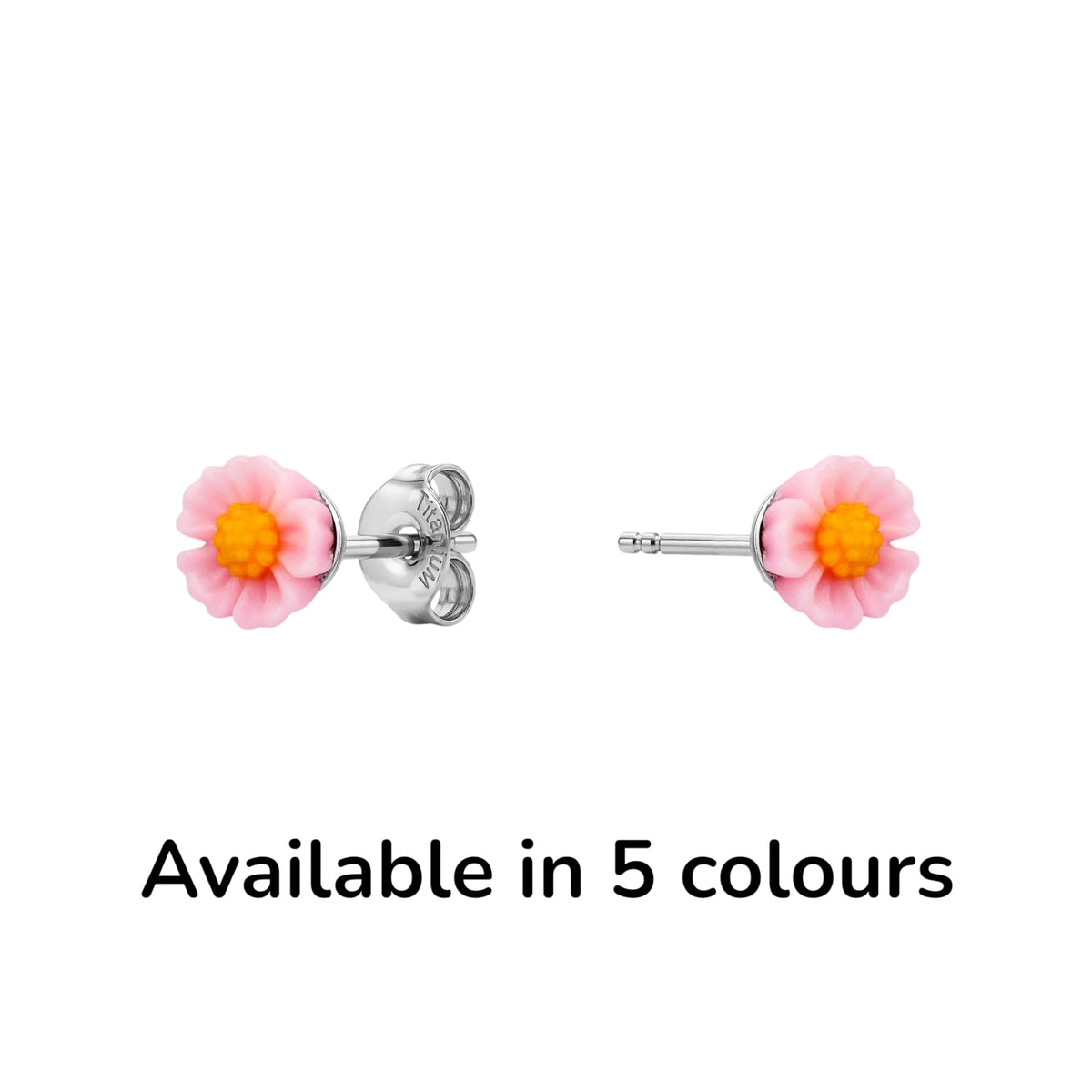 A pair of titanium stud earrings with pink flower petals and bright yellow-orange centers, shown on a white background with the text 'Available in 5 colours' below.
