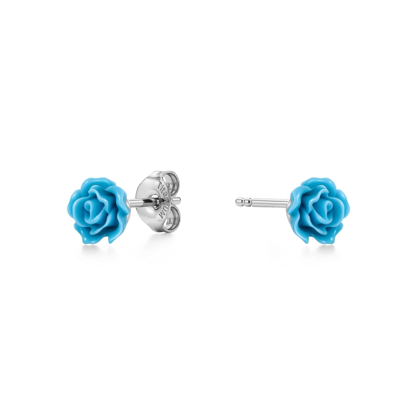 A pair of titanium stud earrings featuring bright blue rose-shaped enamel tops, shown on a clean white background with one earring facing forward and the other showing the backing.