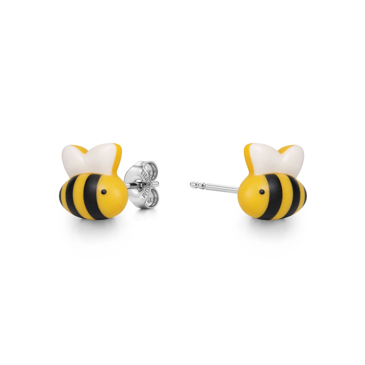 A pair of titanium stud earrings shaped like bumblebees, featuring yellow and black striped bodies, white wings, and silver-tone posts and backings, shown on a clean white background.