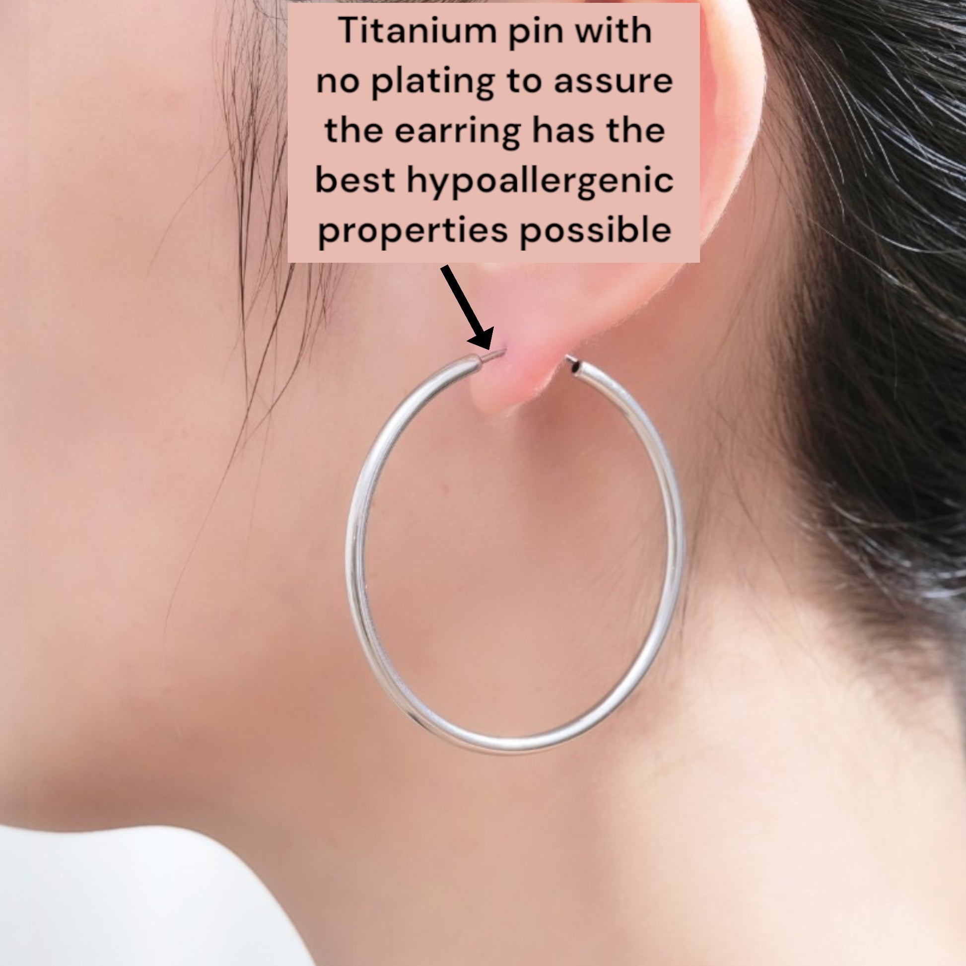 Silver Hoops on a white woman made with a titanium pin description. 45mm titanium earring