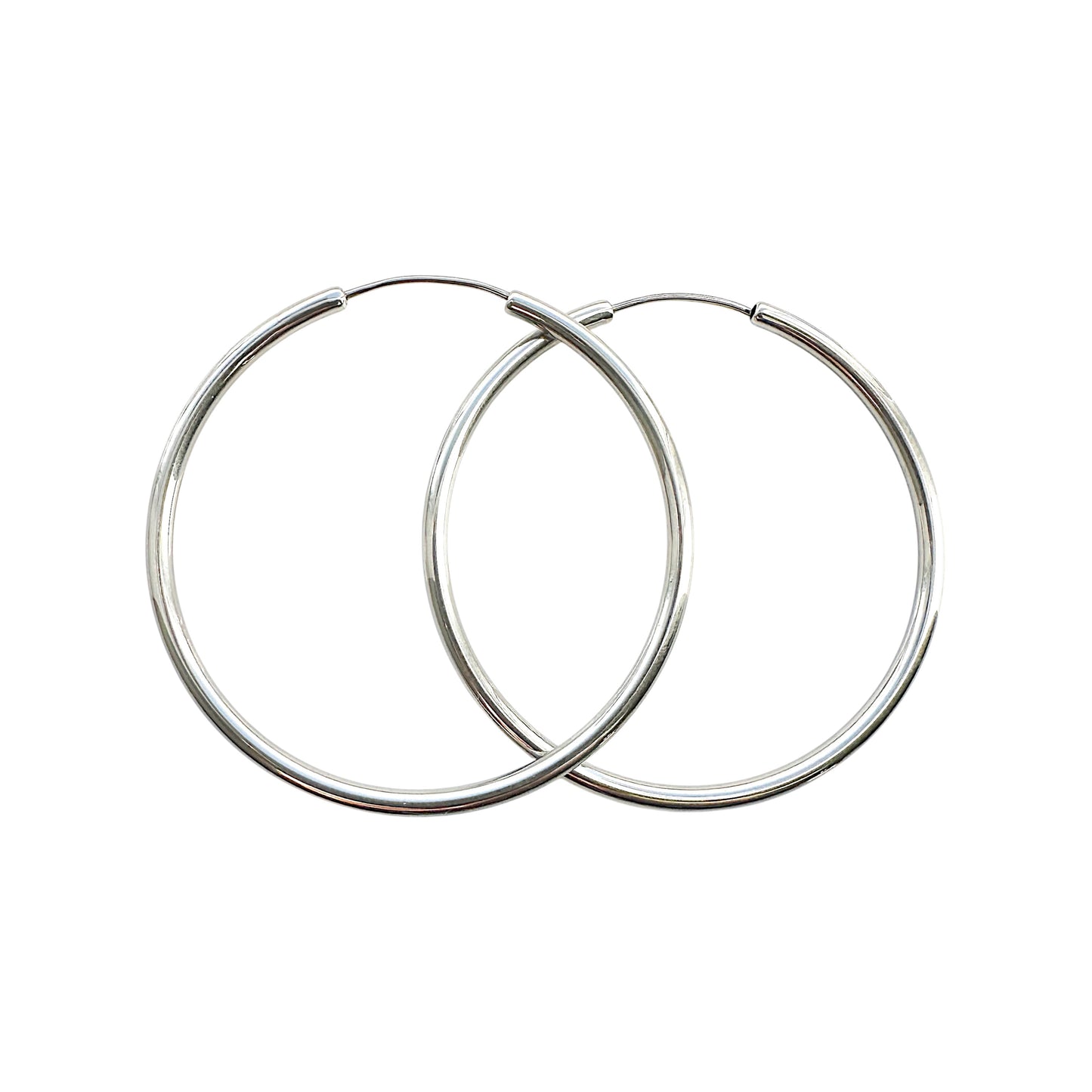 Silver Hoops made with a titanium pin.  45mm titanium earring pair on a white background